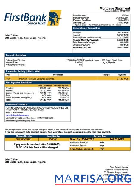 Downloadable Nigeria First Bank Nigeria mortgage statement Word and PDF template